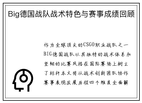 Big德国战队战术特色与赛事成绩回顾