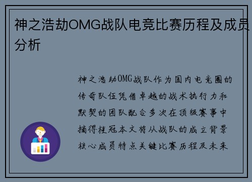 神之浩劫OMG战队电竞比赛历程及成员分析
